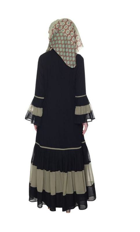Bell Style Pleated Dead Mint & Black Georgette Abaya (Made-To-Order)