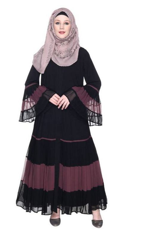 Bell Style Pleated Imperial Purple & Black Georgette Abaya (Made-To-Order)