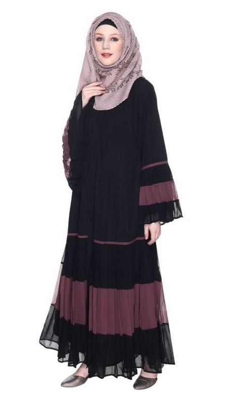 Bell Style Pleated Imperial Purple & Black Georgette Abaya (Made-To-Order)