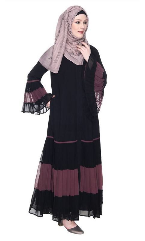 Bell Style Pleated Imperial Purple & Black Georgette Abaya (Made-To-Order)
