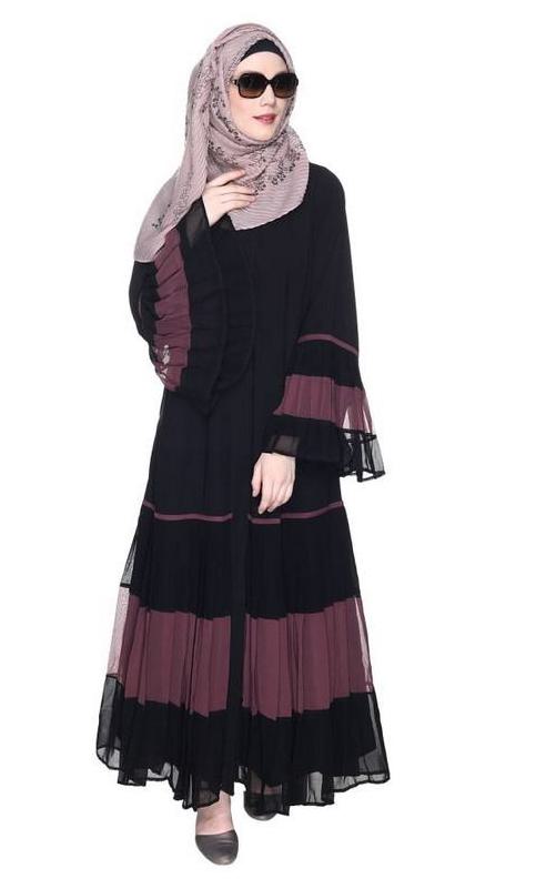 Bell Style Pleated Imperial Purple & Black Georgette Abaya (Made-To-Order)