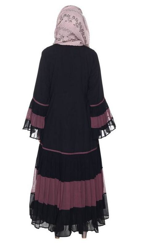 Bell Style Pleated Imperial Purple & Black Georgette Abaya (Made-To-Order)