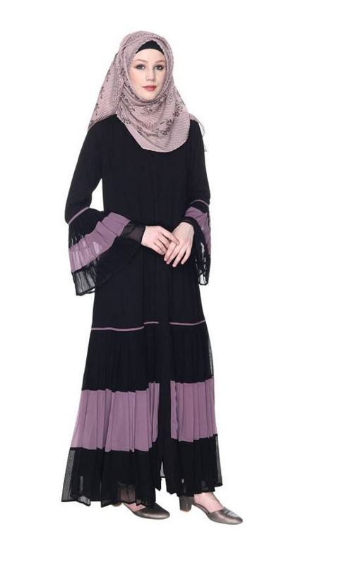 Bell Style Pleated Light Purple & Black Georgette Abaya (Made-To-Order)
