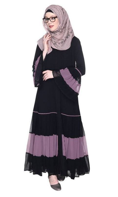 Bell Style Pleated Light Purple & Black Georgette Abaya (Made-To-Order)