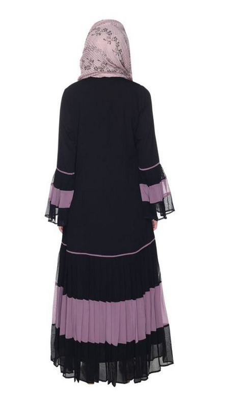 Bell Style Pleated Light Purple & Black Georgette Abaya (Made-To-Order)