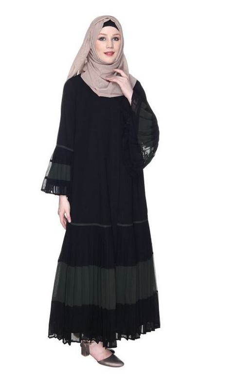 Bell Style Pleated Olive & Black Georgette Abaya (Made-To-Order)