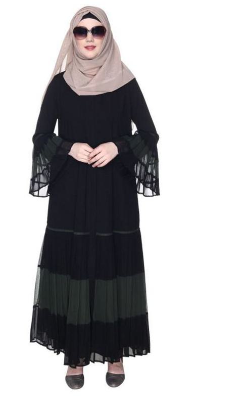 Bell Style Pleated Olive & Black Georgette Abaya (Made-To-Order)