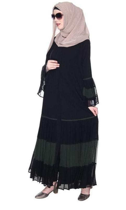 Bell Style Pleated Olive & Black Georgette Abaya (Made-To-Order)