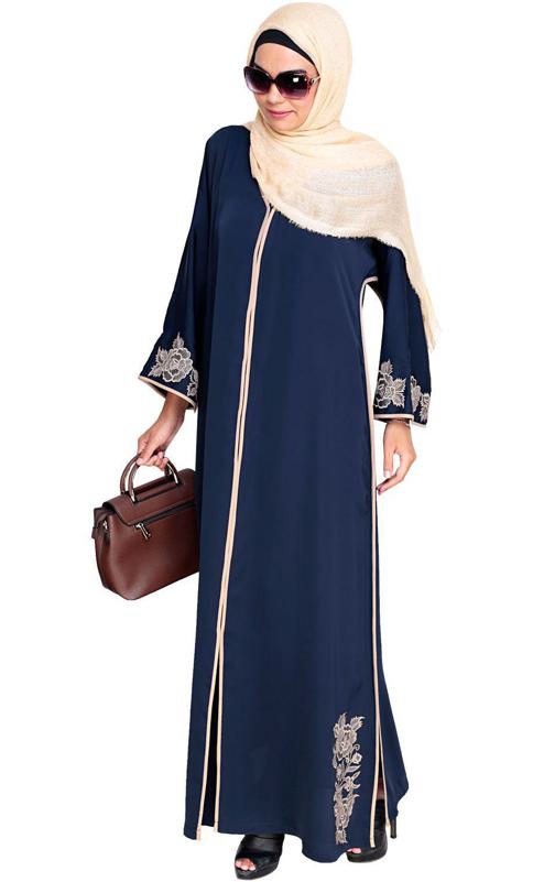 Bewitching Floral Blue Dubai Style Embroidered Blue Abaya (Made-To-Order)
