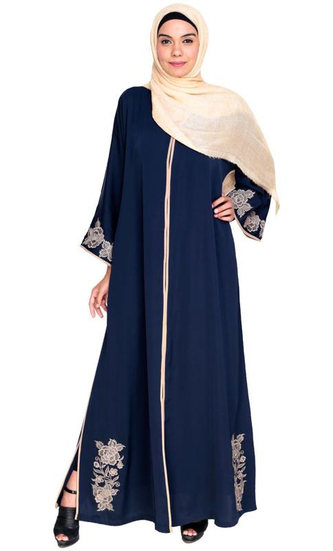 Bewitching Floral Blue Dubai Style Embroidered Blue Abaya (Made-To-Order)