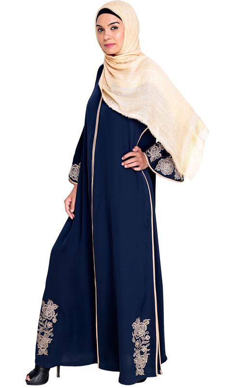Bewitching Floral Blue Dubai Style Embroidered Blue Abaya (Made-To-Order)
