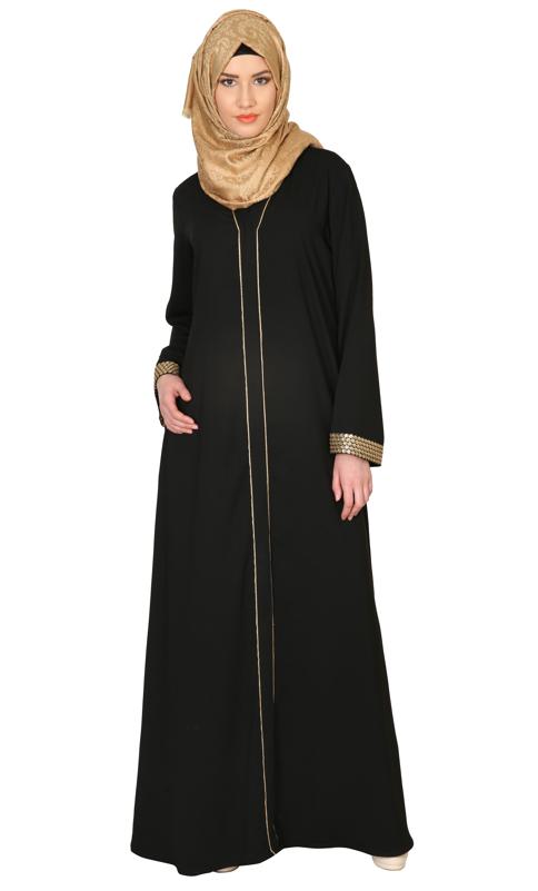 Black Abaya With Gold Sequins Trimming (Made-To-Order)