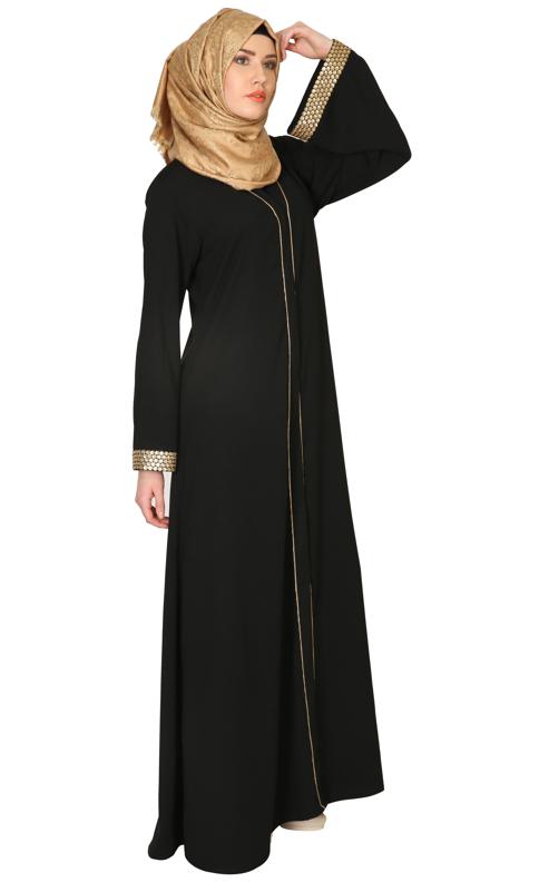 Black Abaya With Gold Sequins Trimming (Made-To-Order)