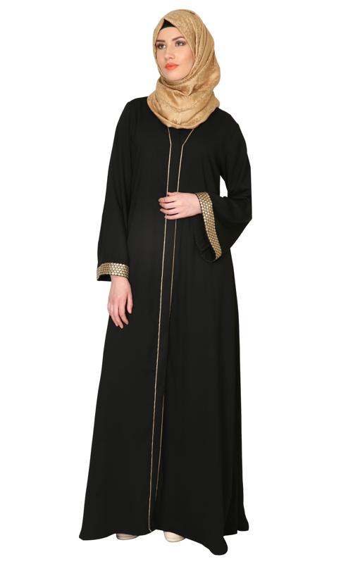 Black Abaya With Gold Sequins Trimming (Made-To-Order)