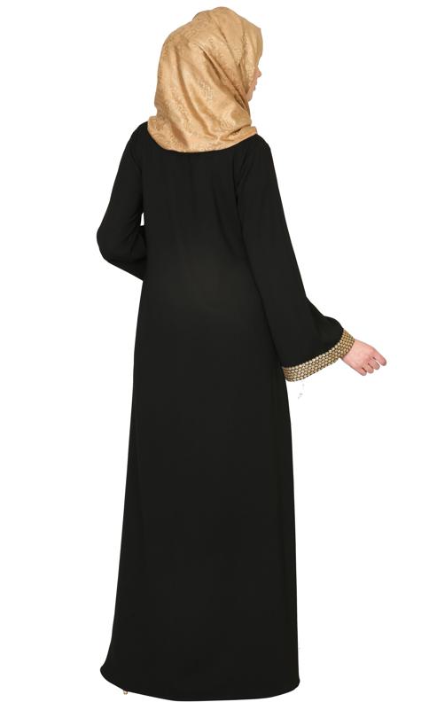 Black Abaya With Gold Sequins Trimming (Made-To-Order)