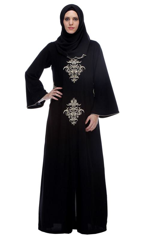 Black Abaya With Gold Zari Embroidery (Made-To-Order)