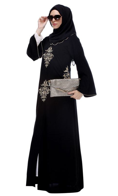 Black Abaya With Gold Zari Embroidery (Made-To-Order)