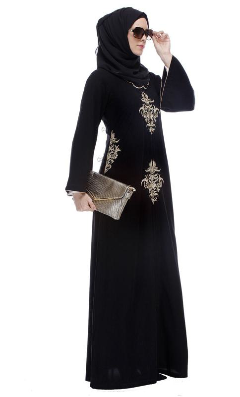 Black Abaya With Gold Zari Embroidery (Made-To-Order)