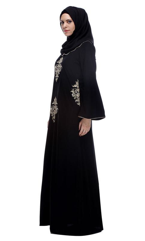 Black Abaya With Gold Zari Embroidery (Made-To-Order)