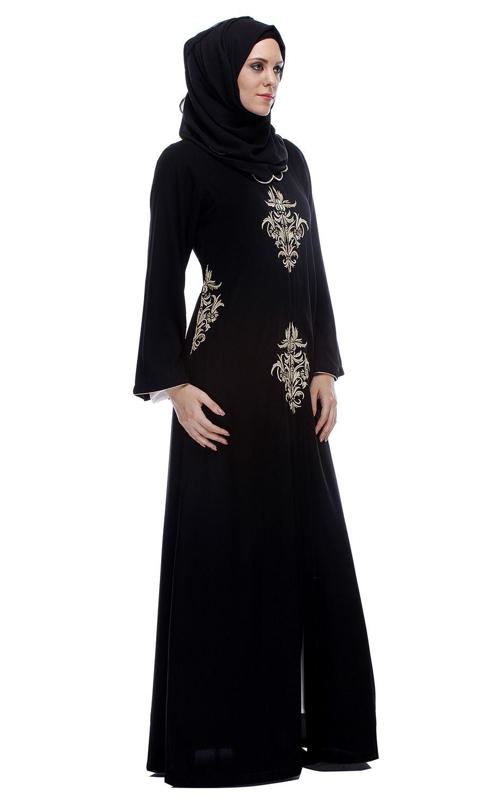 Black Abaya With Gold Zari Embroidery (Made-To-Order)