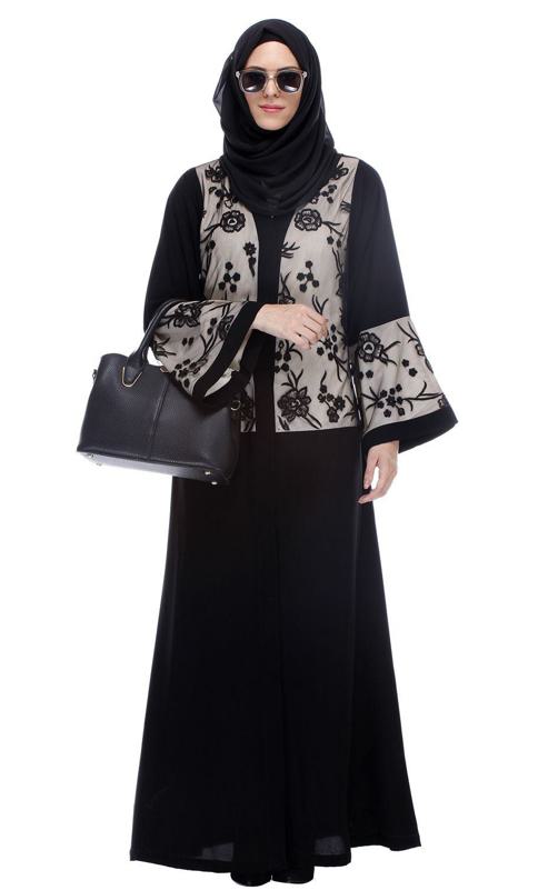 Black Abaya With Net Embroidered Sleeves