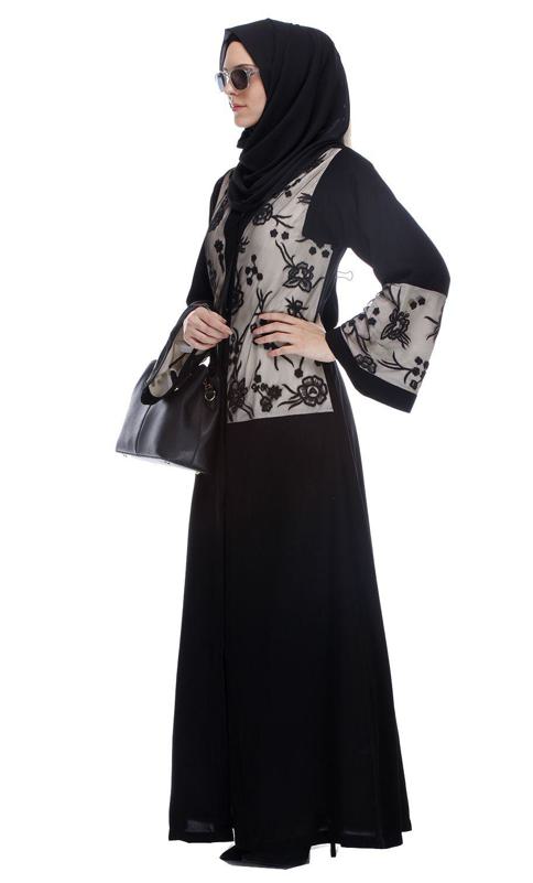 Black Abaya With Net Embroidered Sleeves