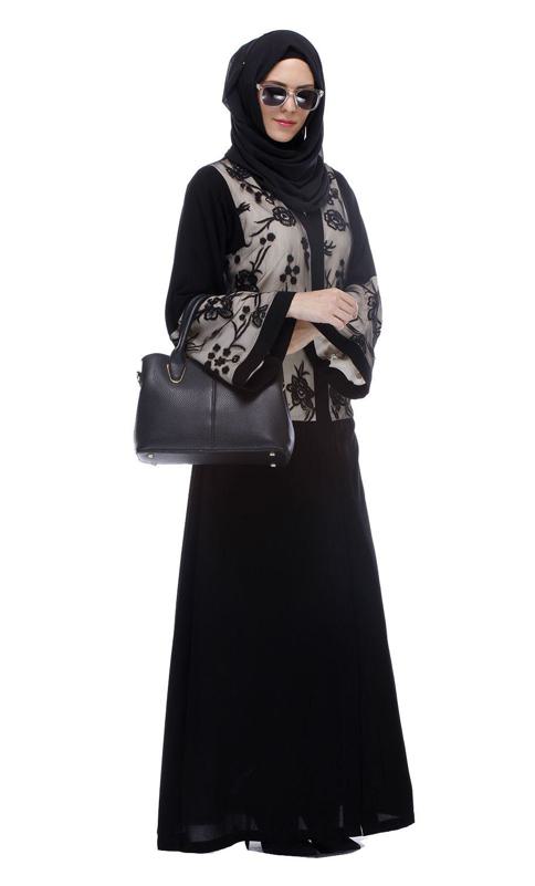 Black Abaya With Net Embroidered Sleeves