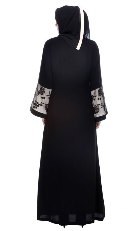 Black Abaya With Net Embroidered Sleeves