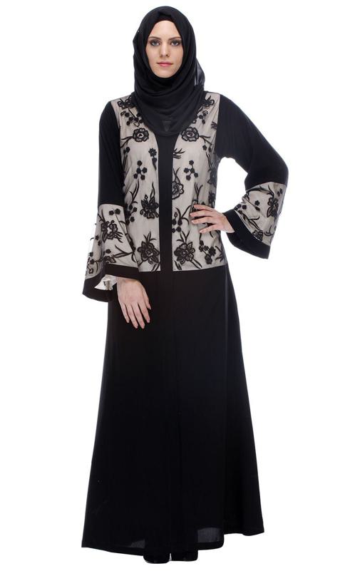 Black Abaya With Net Embroidered Sleeves