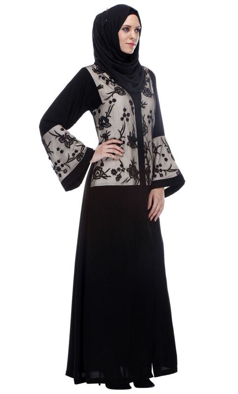 Black Abaya With Net Embroidered Sleeves