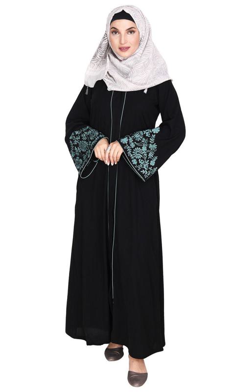 Black Abaya With Sage Green Thread Embroidery (Made-To-Order)