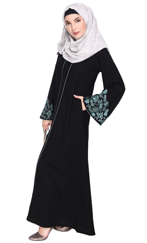 Black Abaya With Sage Green Thread Embroidery (Made-To-Order)