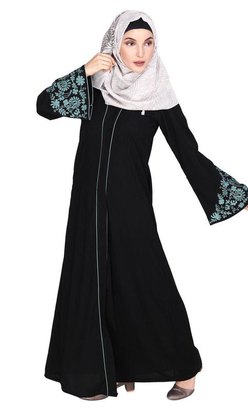 Black Abaya With Sage Green Thread Embroidery (Made-To-Order)