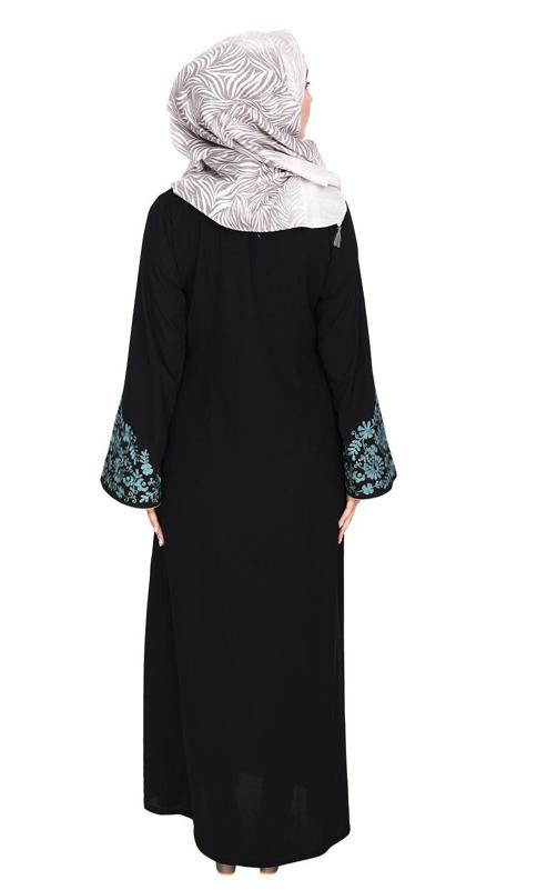 Black Abaya With Sage Green Thread Embroidery (Made-To-Order)