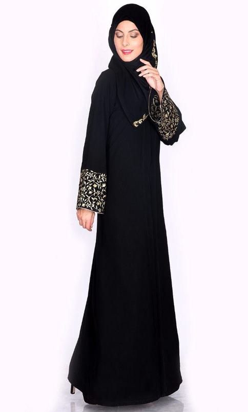 Black Abaya w. Gold Zari Embroidered Bell Sleeve (Made-To-Order)