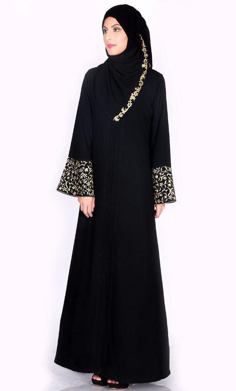 Black Abaya w. Gold Zari Embroidered Bell Sleeve (Made-To-Order)