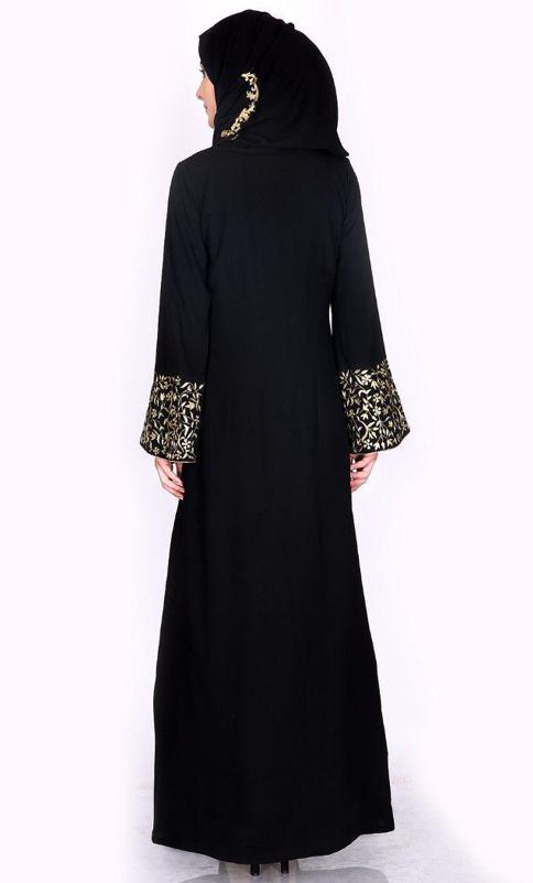 Black Abaya w. Gold Zari Embroidered Bell Sleeve (Made-To-Order)