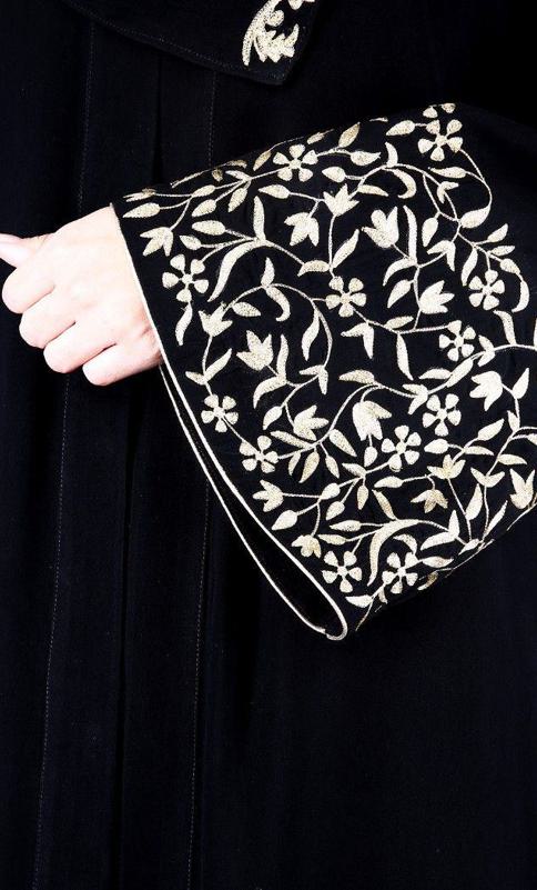 Black Abaya w. Gold Zari Embroidered Bell Sleeve (Made-To-Order)