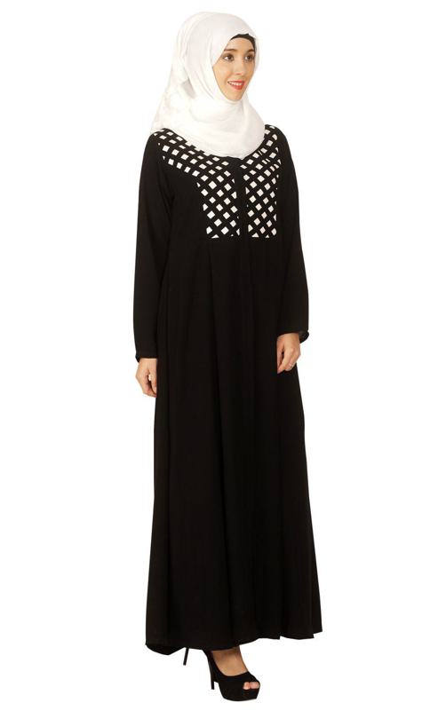 Black Hand Crafted Checkered Yoke Abaya (Made-To-Order)