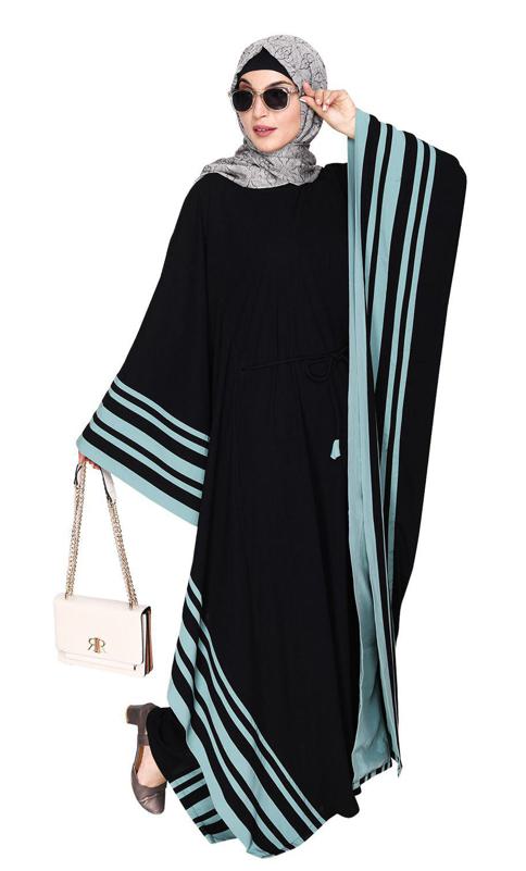 Black Kaftan With Striped Sage Green Border
