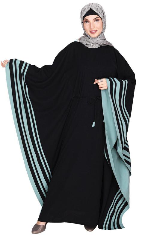 Black Kaftan With Striped Sage Green Border