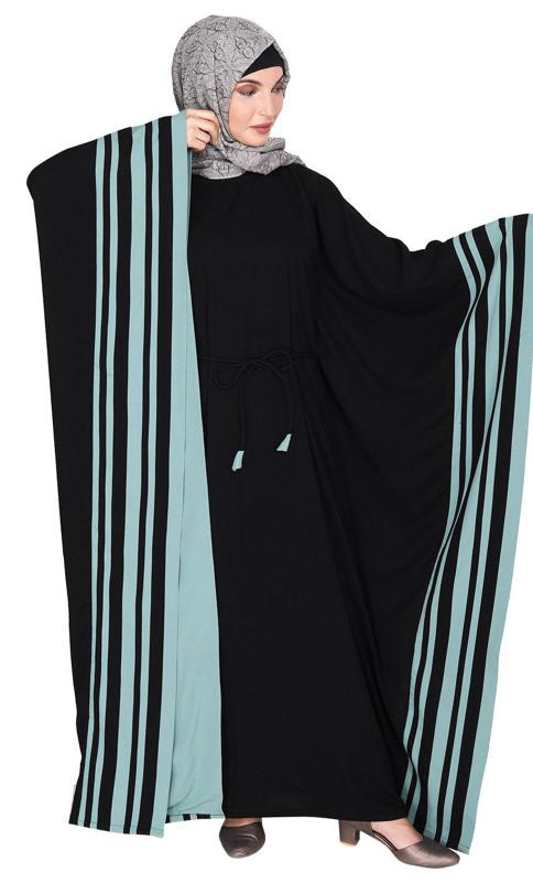 Black Kaftan With Striped Sage Green Border