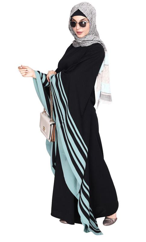 Black Kaftan With Striped Sage Green Border