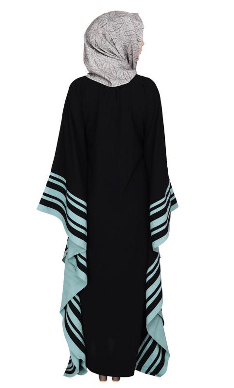 Black Kaftan With Striped Sage Green Border