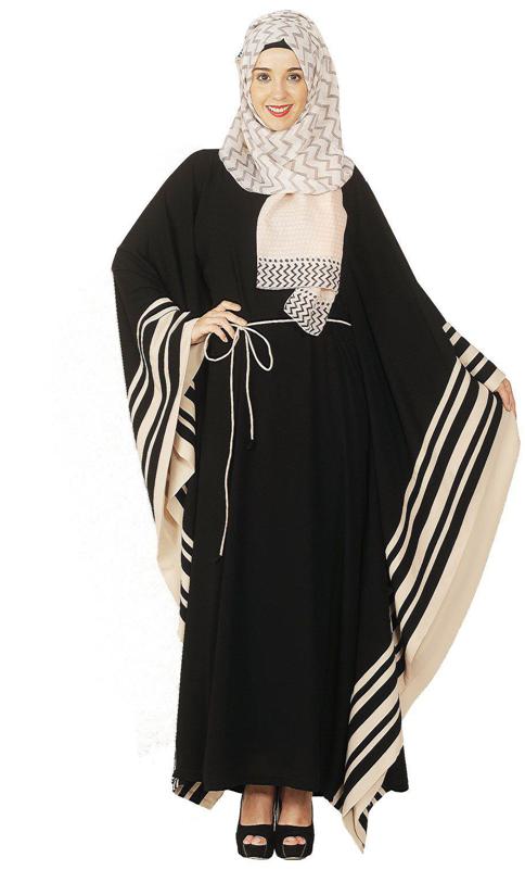 Black Kaftan with Striped Beige Border (Made-To-Order)
