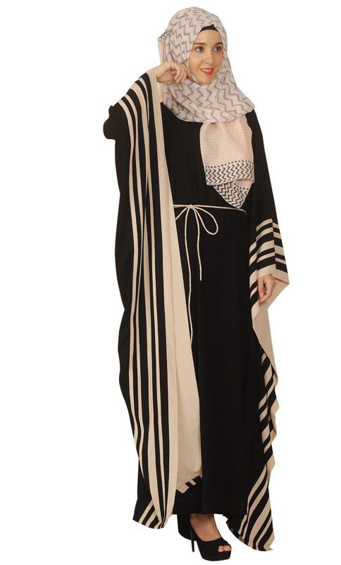 Black Kaftan with Striped Beige Border (Made-To-Order)