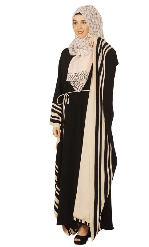 Black Kaftan with Striped Beige Border (Made-To-Order)