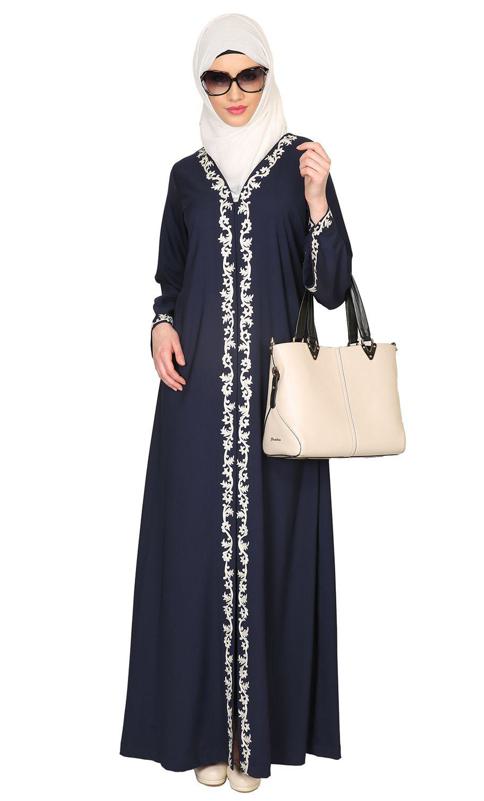 Blue Abaya With Thread Embroidery