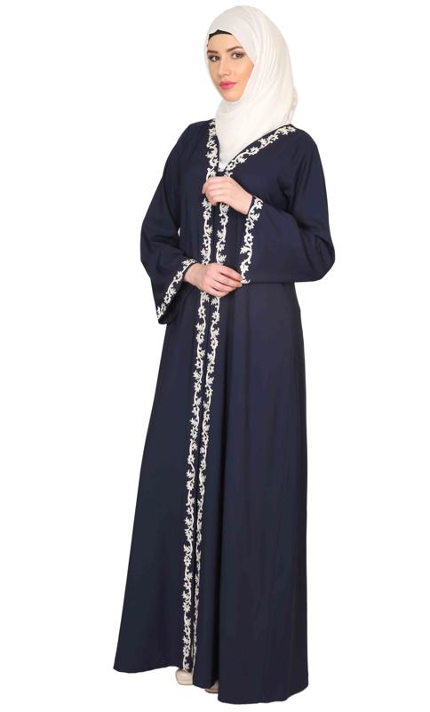 Blue Abaya With Thread Embroidery
