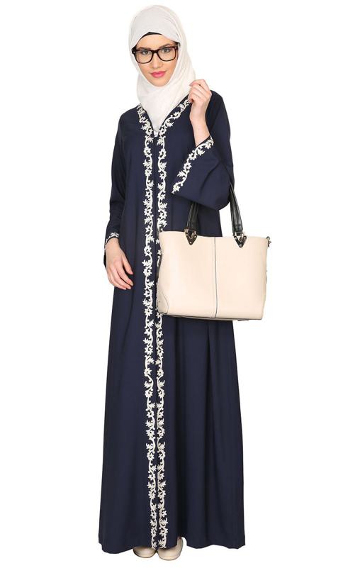 Blue Abaya With Thread Embroidery